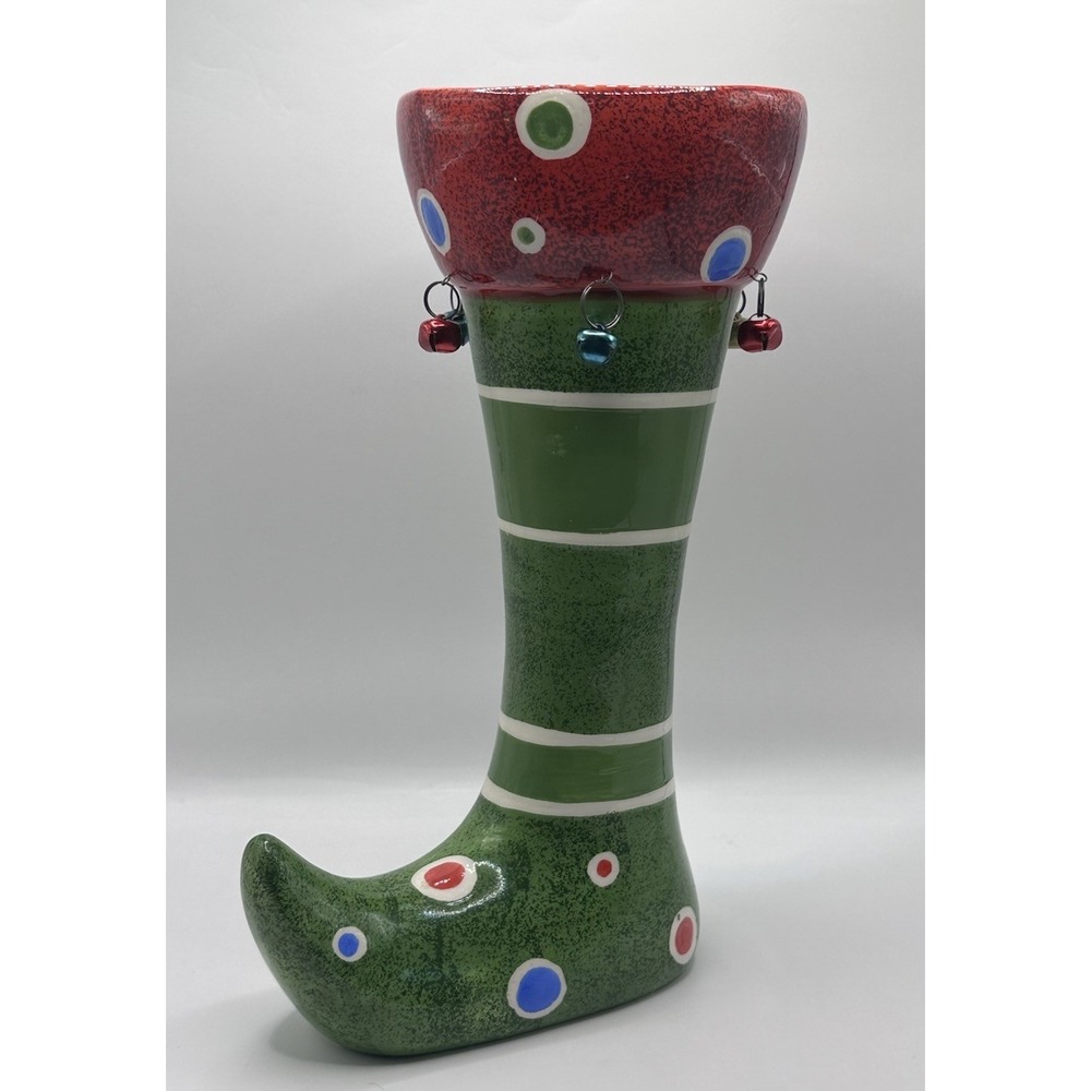 Vintage Christmas Elf Boot Shoe Vase Collectible Holiday Decor Stripes Dots 10"